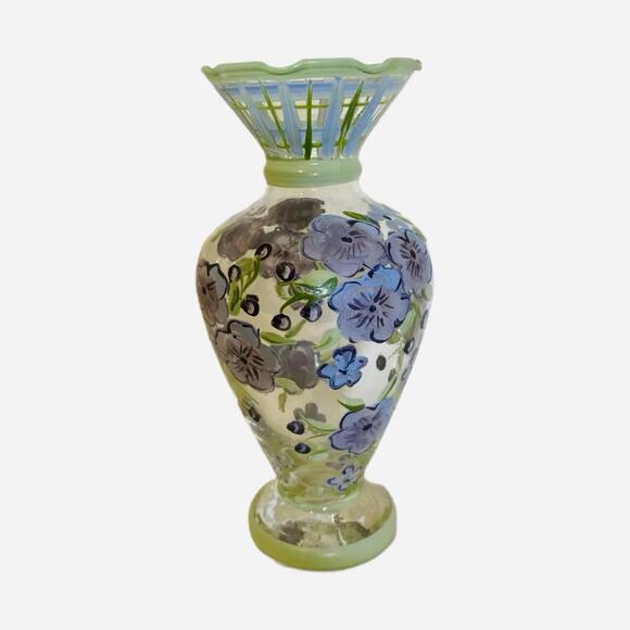 Vintage TRACY PORTER Hand-Painted Glass Bud Vase Purple Flowers Ruffled Rim 6.5” - Picture 7 of 10